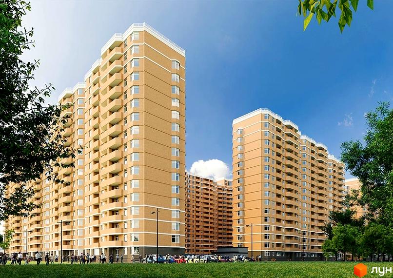 Житловий комплекс RealPark - це висотні будинки з цегляним фасадом та балконами. Навколо будівель зелена галявина та дерева, є місця для паркування автомобілів.