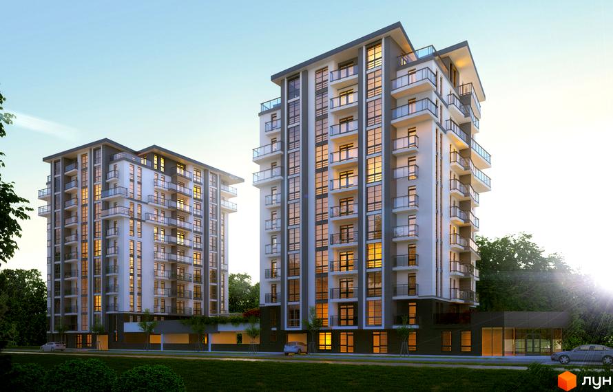 Житловий комплекс Паркові Вежі - сучасна архітектура, панорамні вікна та просторі балкони. Навколо комплексу зелена зона та доглянута територія.