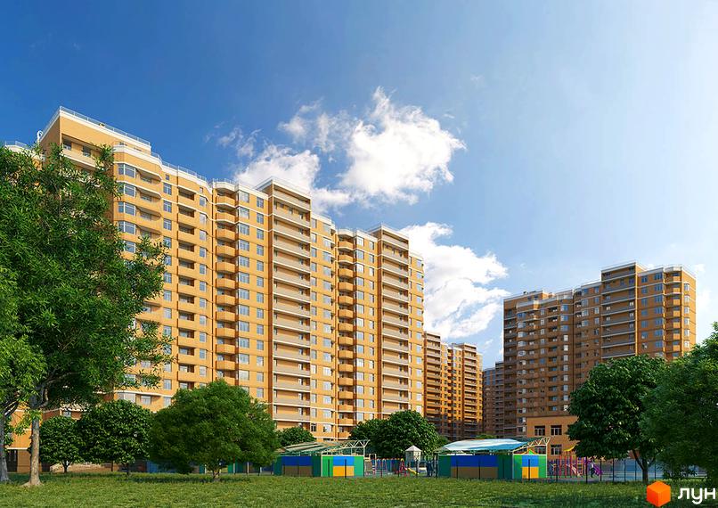 Житловий комплекс RealPark: жовті багатоповерхові будинки з балконами під блакитним небом. На прибудинковій території зелений газон та дитячий майданчик.