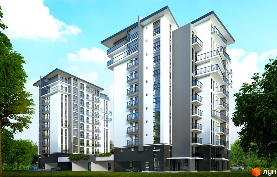 Житловий комплекс Паркові Вежі: сучасні багатоповерхові будинки з балконами та панорамними вікнами. Навколо зелена зона з деревами та автомобілями.