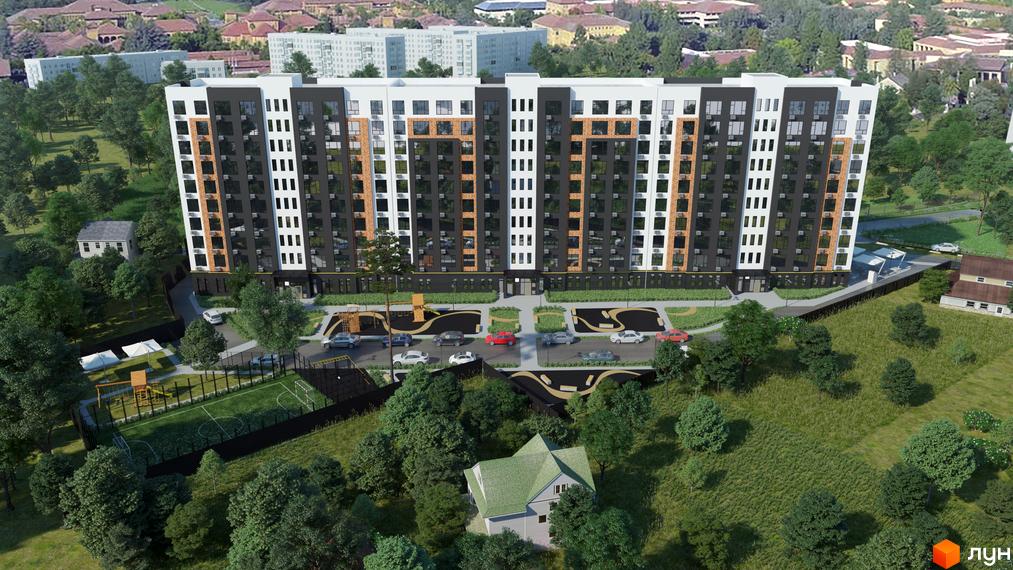 Зображення Житлового комплексу Graphite. Багатоповерховий будинок з дитячим майданчиком, футбольним полем та парковкою на прибудинковій території.