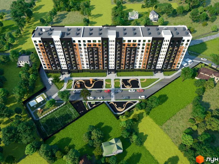 Зображення будинку Житлового комплексу Graphite з висоти пташиного польоту. На території є дитячий та спортивний майданчики, парковка.