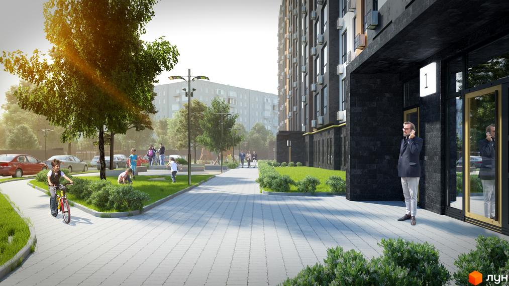 Зображення фасаду та прибудинкової території Житлового комплексу Graphite. На передньому плані пішохідна алея, діти граються на газоні.