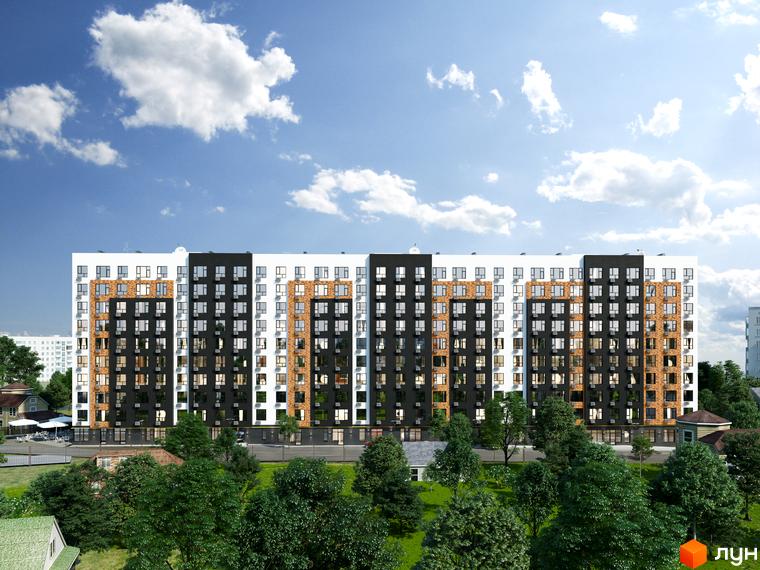 Зображення фасаду будинку Житлового комплексу Graphite з великими вікнами та прибудинковою територією з деревами. Архітектура новобудови.