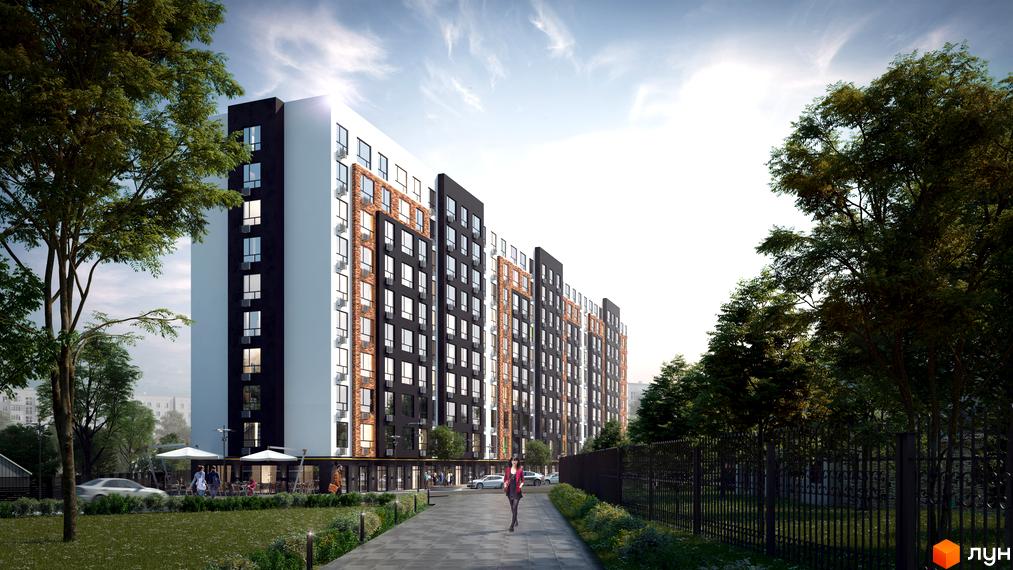 Зображення фасаду багатоповерхового будинку Житлового комплексу Graphite. Навколо будинку зелена територія з деревами та пішохідними доріжками.
