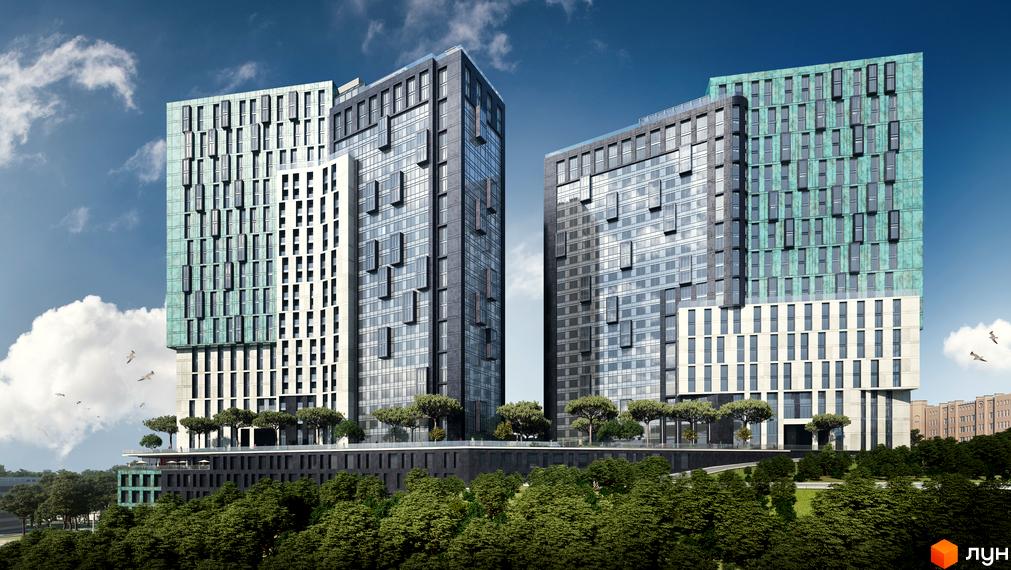 Житловий комплекс Greenville Park має дві висотні будівлі зі скляними та зеленими фасадами. Територія навколо озеленена деревами.