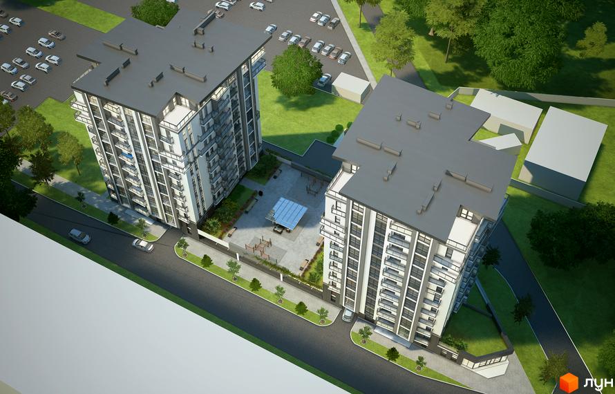 Житловий комплекс Паркові Вежі. Зовнішній вигляд будівель та прибудинкова територія з парковкою та зеленими насадженнями.