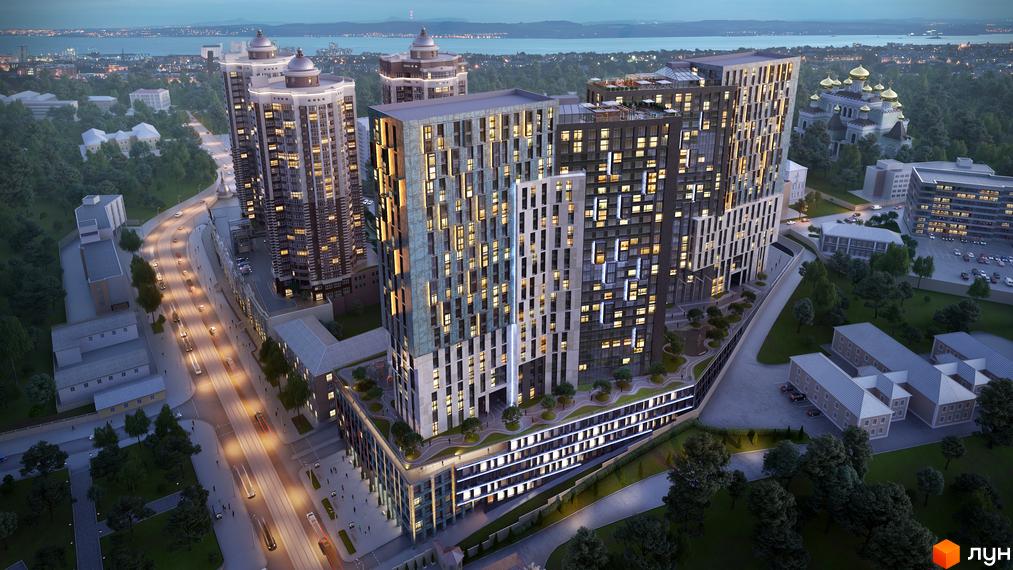 Житловий комплекс Greenville Park з висоти пташиного польоту. Сучасна архітектура будівель з численними вікнами та балконами, зелена прибудинкова територія з деревами та зонами відпочинку.