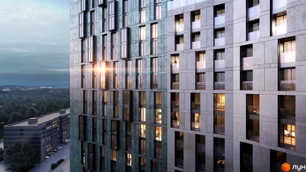 Зовнішній вигляд новобудови Greenville Park з вікнами та балконами. Навколо будинку видно дерева та міський пейзаж.