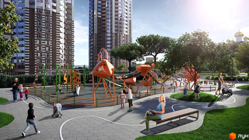 Житловий комплекс Greenville Park з дитячим майданчиком. Сучасні висотні будинки оточені зеленою зоною з місцями для відпочинку.