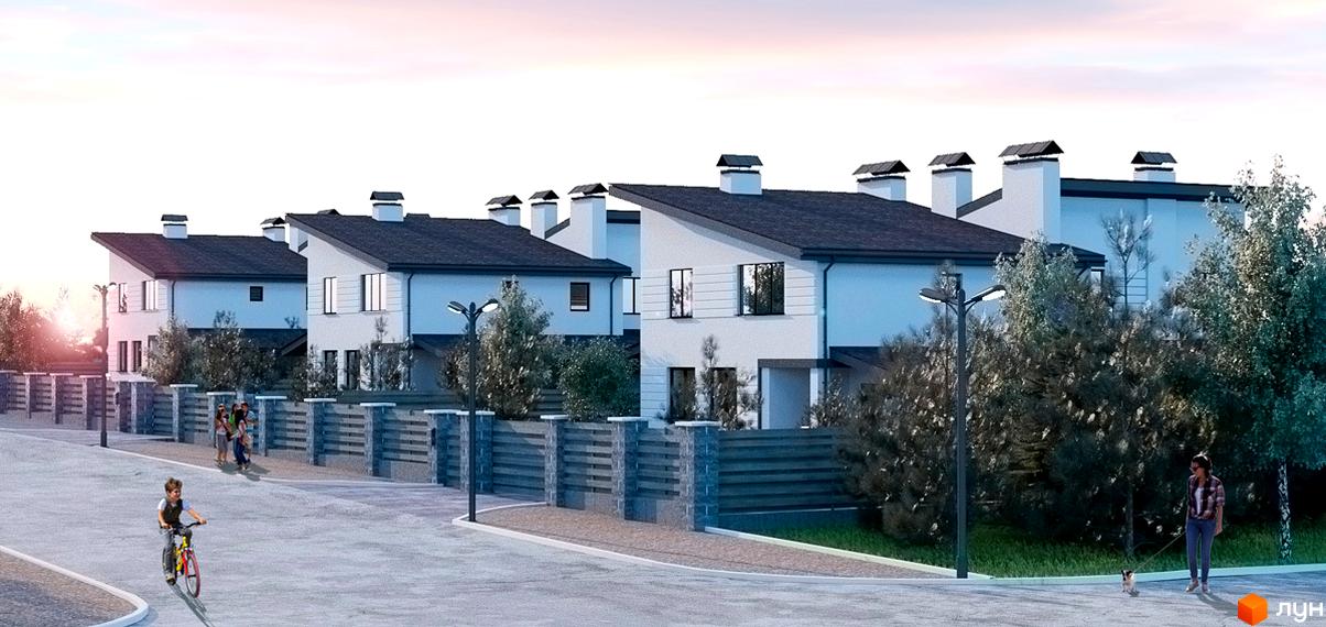 Сучасні дуплекси White Villages з сірим дахом та білими фасадами, огороджена територія з парканом та вуличним освітленням. На передньому плані дитина їде на велосипеді, а позаду йде жінка з собакою.