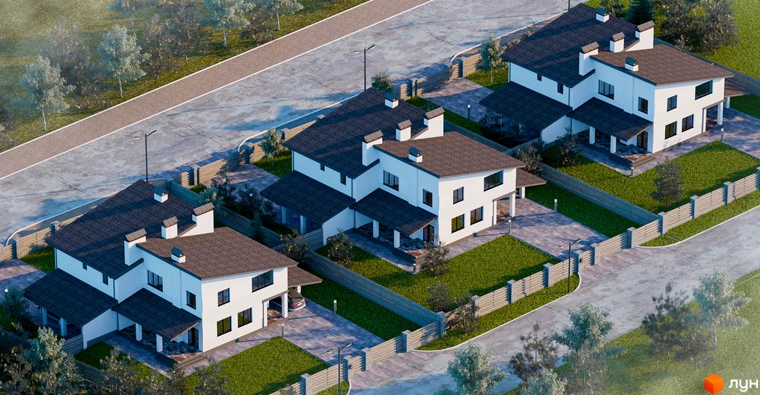 Три білих дуплекси White Villages з темними дахами та навісами, розташовані на доглянутих ділянках з газоном та парканом.