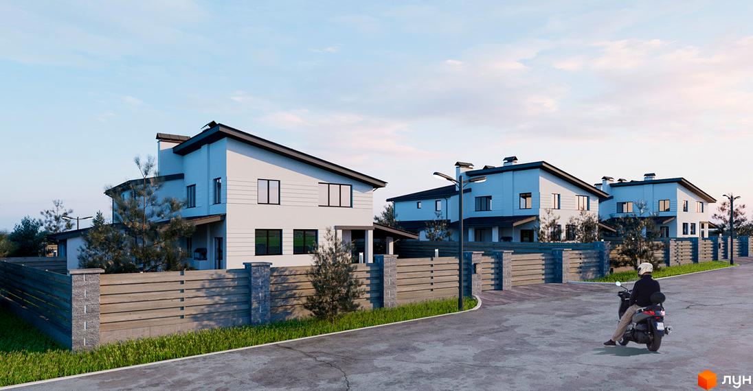 Зовнішній вигляд дуплексів White Villages з сучасним дизайном. На прибудинковій території розташовані паркани, зелені насадження та дорога.