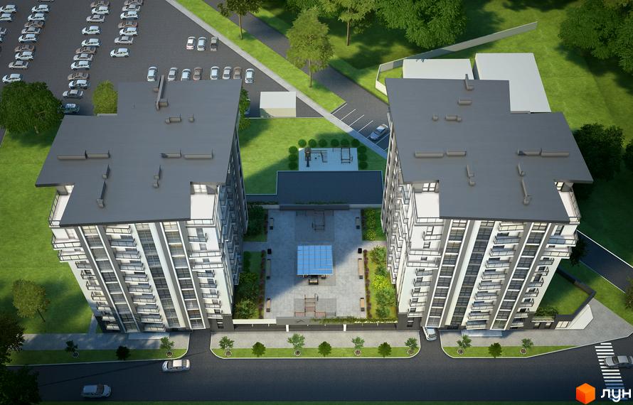 Житловий комплекс Паркові Вежі. Сучасна архітектура двох висотних будинків з балконами та внутрішнім двориком з дитячим майданчиком та зонами відпочинку.