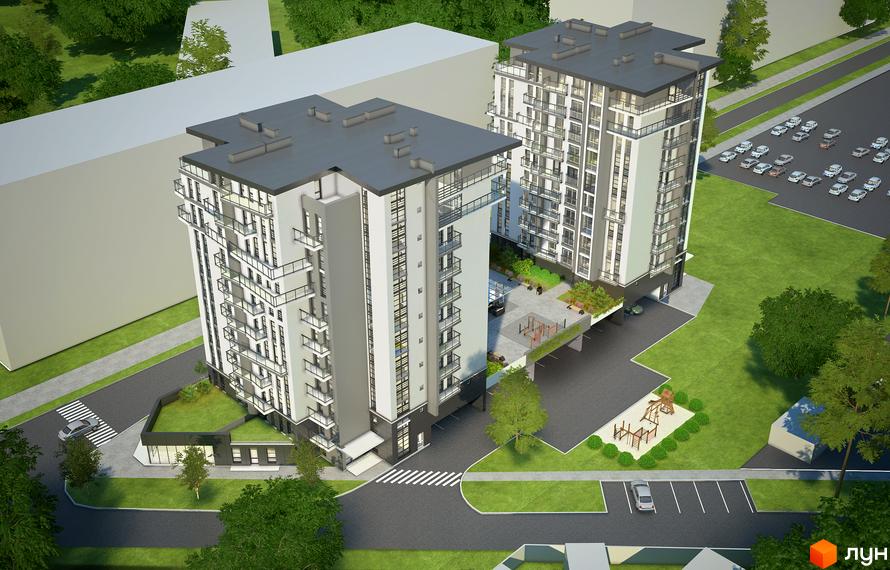 Житловий комплекс Паркові Вежі. Сучасна архітектура двох висотних будівель з балконами та панорамними вікнами. Прибудинкова територія з дитячим майданчиком та паркуванням.