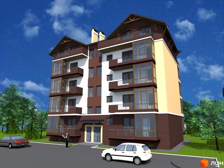 Зовнішній вигляд житлового комплексу Затишний з коричневими та білими фасадами, великими вікнами та балконами. Навколо будинку зелені дерева та дорога з автомобілями.