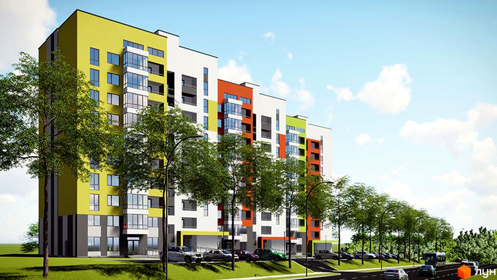 Новобудова на вул. Яреми / вул. Текстильна з яскравими фасадами та скляними балконами. Навколо будинку зелена зона з деревами та припаркованими автомобілями.