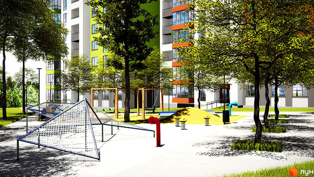 Новобудова на вулиці Яреми / вулиці Текстильній з дитячим майданчиком та зеленими деревами. Зовнішній вигляд будинку з яскравими фасадами та вікнами.