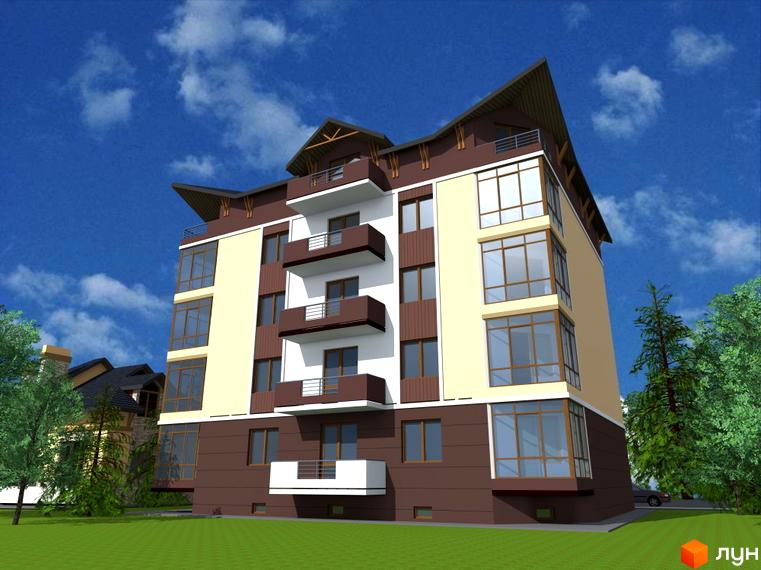 Зовнішній вигляд новобудови ЖК Затишний з коричнево-білою фасадною обробкою та великими вікнами. Навколо будинку зелена галявина та дерева.