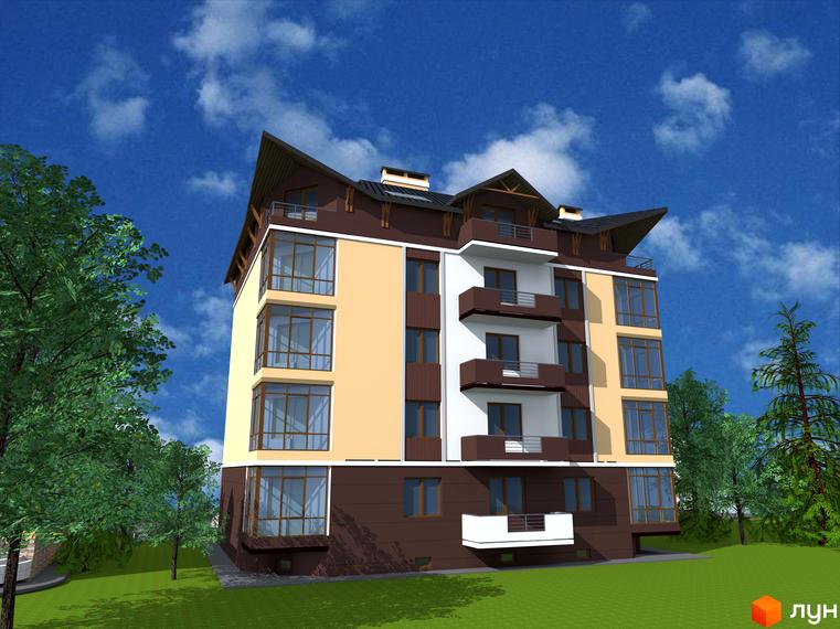 Новобудова ЖК Затишний з великими вікнами та балконами, оточена деревами під блакитним небом. Зовнішній вигляд будинку та прибудинкова територія.