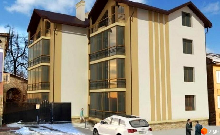 Зовнішній вигляд новобудови на вул. Княгині Ольги, 37а, з великими вікнами та балконами. Прибудинкова територія з дорогою та автомобілем.