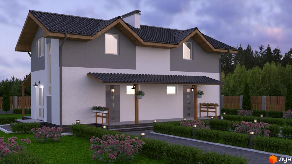 Котеджне містечко КМ Лісовий Хуторок: двоповерховий будинок з сірими та білими стінами, темним дахом та доглянутою прибудинковою територією з кущами та ліхтарями. Навколо будинку зелений газон та дерева.