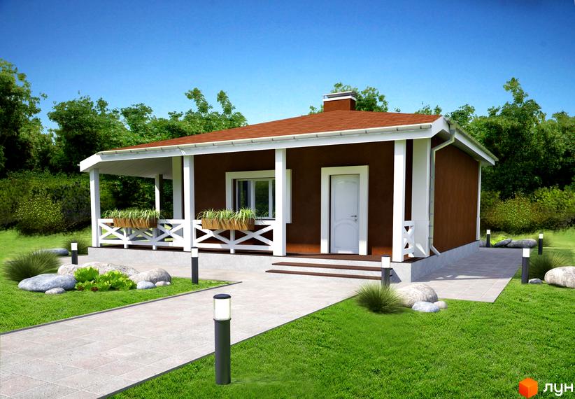 Котеджне містечко Лісовий Хуторок: затишний коричневий будинок з білою верандою, вікнами та дверима. Навколо будинку зелений газон, доріжка з плитки та ліхтарі.