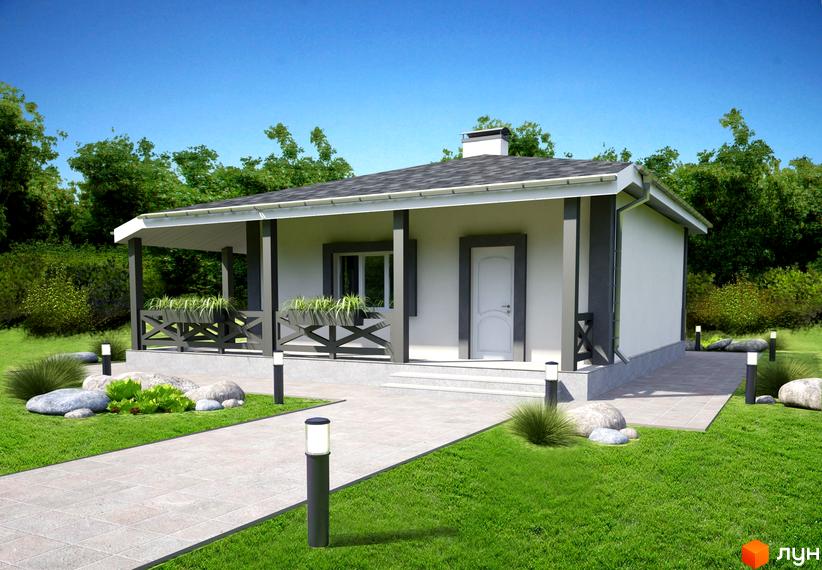 Котеджне містечко КМ Лісовий Хуторок. Одноповерховий будинок з навісом, терасою та зеленим подвір'ям. Акуратна доріжка веде до будинку, навколо будинку висаджені рослини та встановлені ліхтарі.