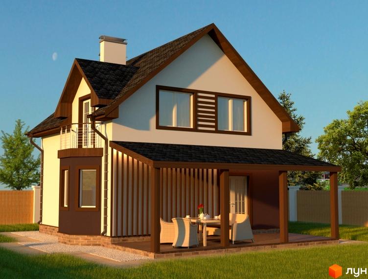 Двоповерховий будинок з балконом та критим ганком з дерев'яними рейками, поруч зона відпочинку та газон. Котеджне містечко Лісовий Хуторок.