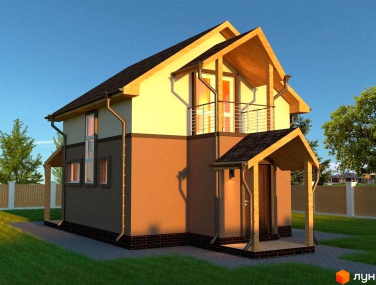 Котеджне містечко Лісовий Хуторок: двоповерховий будинок з балконом та навісом над входом, на тлі зеленого газону та паркану.