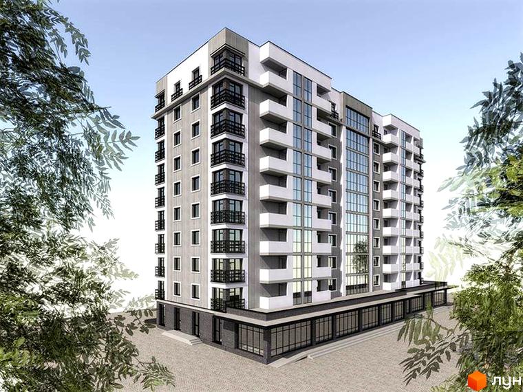 Зображення багатоповерхового будинку в Житловому комплексі Квартал Виноградний. Архітектура будівлі з балконами та великими вікнами.