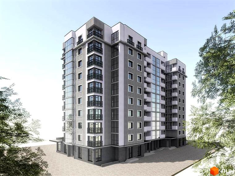 Зображення фасаду багатоповерхового будинку у Житловому комплексі Квартал Виноградний. Вигляд новобудови з вікнами та балконами.