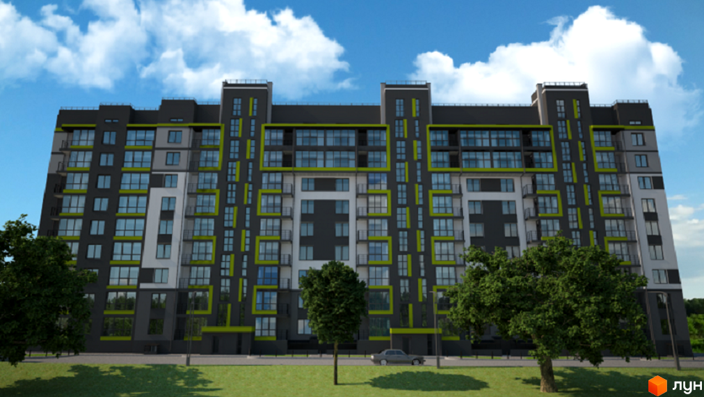 Новобудова на Старокостянтинівському шосе, 20/6. Багатоповерховий будинок з сірими та білими фасадами, зеленими елементами та великими вікнами. Навколо будинку зелена зона з деревами та автомобілем.