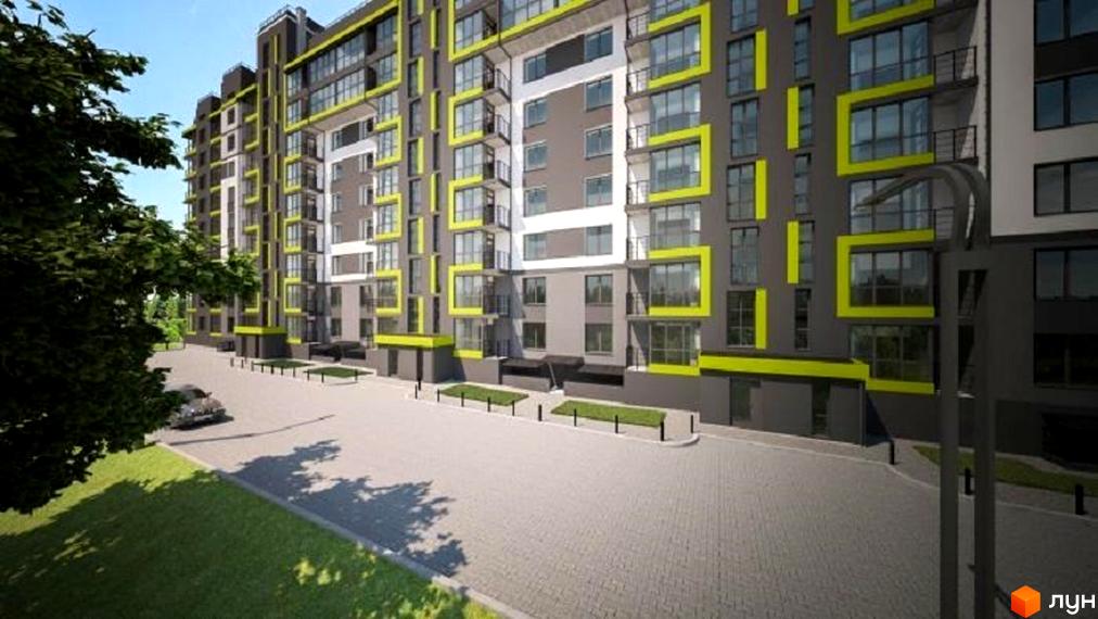 Зовнішній вигляд будинку житлового комплексу на Старокостянтинівському шосе, 20/6, з сірими фасадами та яскраво-жовтими декоративними елементами. Прибудинкова територія з доглянутим газоном та бруківкою.