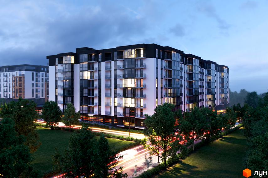 Новобудова ЖК Avalon 5 з біло-чорним фасадом та скляними балконами. Навколо зелена територія з деревами та освітленою дорогою.