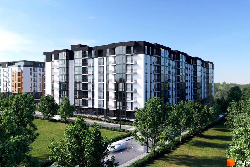 Житловий комплекс Avalon 5 - це сучасна новобудова з біло-чорними фасадами та великими вікнами. Територія навколо комплексу озеленена, з доглянутими газонами та деревами.