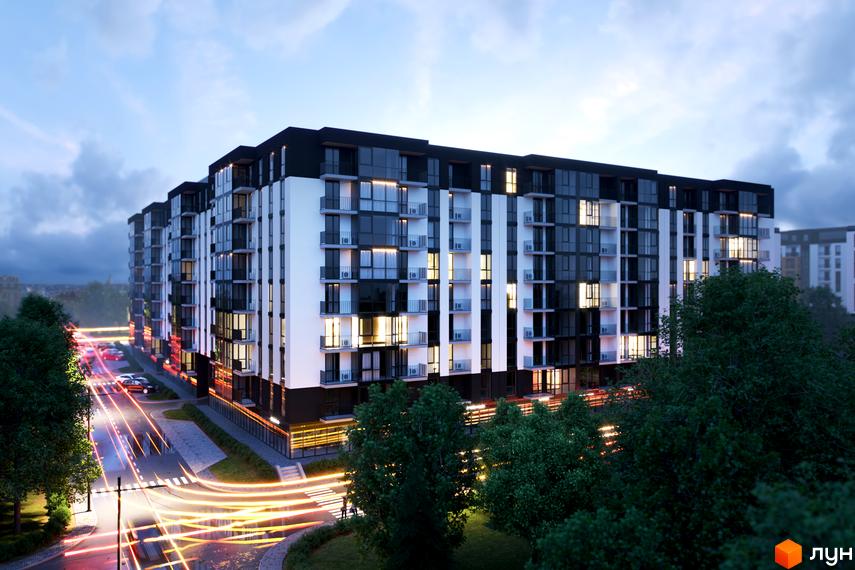 Висотна будівля житлового комплексу Avalon 5 з панорамними вікнами та балконами. На передньому плані зелені дерева та дорога з рухом.