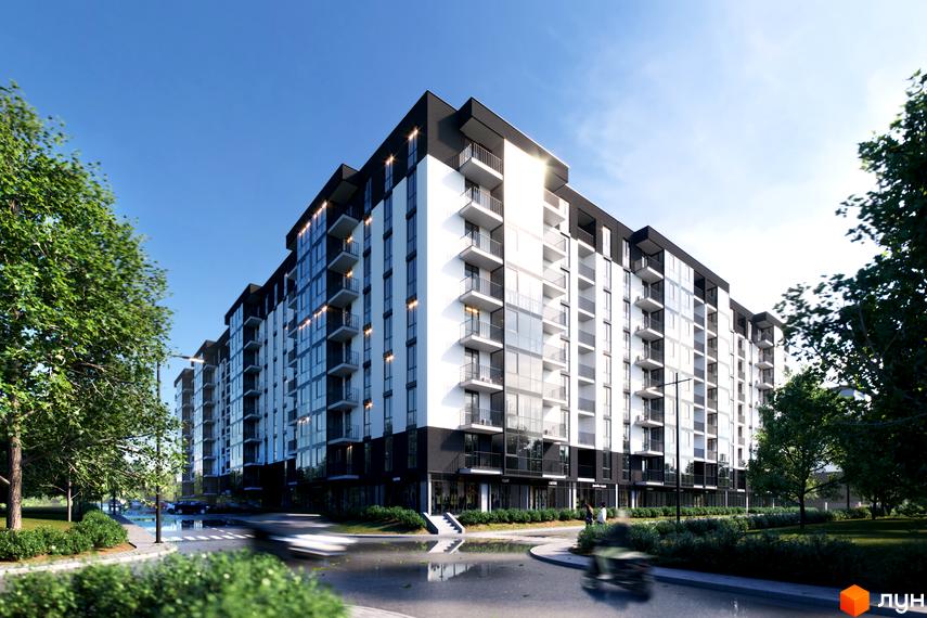 Житловий комплекс Avalon 5 - багатоповерхова новобудова з балконами та панорамними вікнами. Навколо будинку зелена зона з деревами та доглянутими кущами.