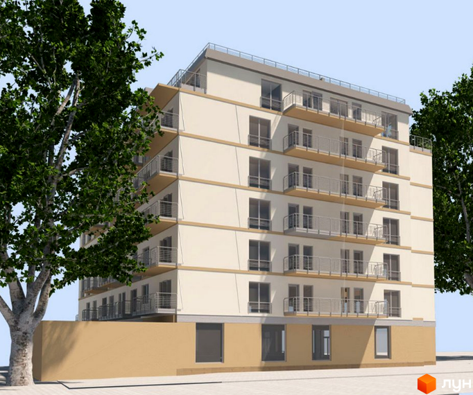 Новобудова на вулиці Тершаковців, 1. Багатоповерховий будинок світло-бежевого кольору з балконами та великими вікнами. Поруч ростуть дерева.