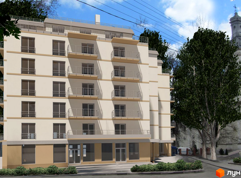 Зображення фасаду будинку за адресою вул. Тершаковців, 1. П'ятиповерхова будівля з балконами та великими вікнами, поруч дерева та дорога.