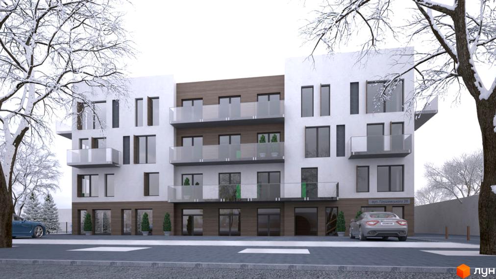 Зовнішній вигляд житлового комплексу Будинок Грушевського взимку. Біла будівля з дерев'яними елементами та скляними балконами. На прибудинковій території видно дерева, засніжені ялинки та автомобілі.