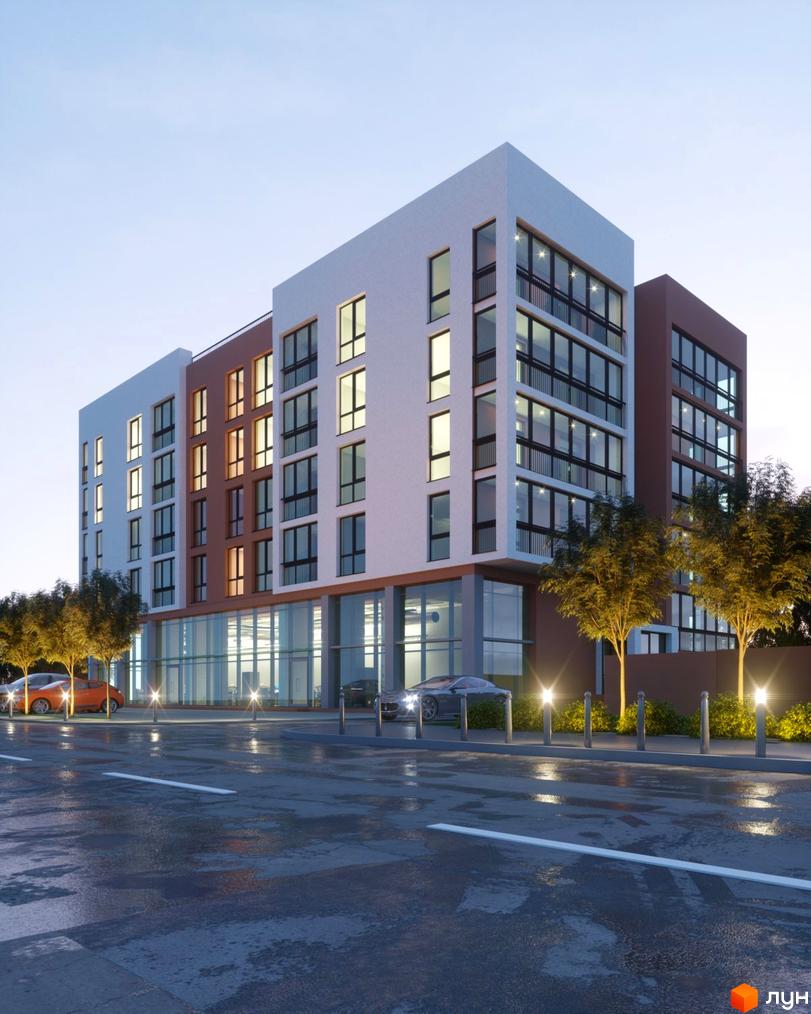 Житловий комплекс Hill House - це сучасна новобудова з великими вікнами та балконами, розташована біля дороги з освітленням та деревами.