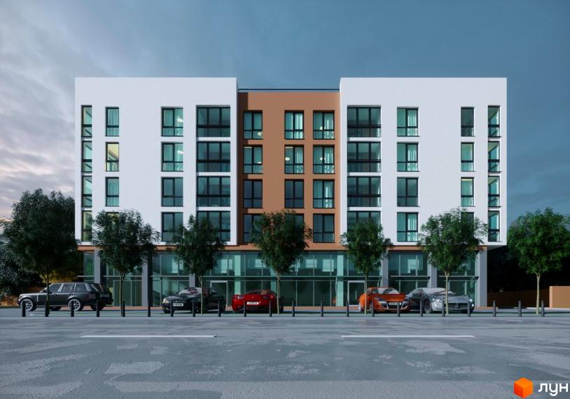 Зовнішній вигляд новобудови ЖК Hill House з білими та коричневими фасадами, великими вікнами та прибудинковою територією з деревами та автомобілями. Ознайомтеся з проєктом житлового комплексу.