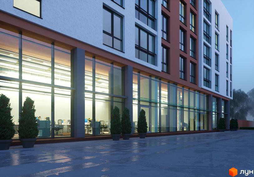 Зовнішній вигляд житлового комплексу Hill House з великими панорамними вікнами та офісними приміщеннями. Прибудинкова територія з зеленими насадженнями та мокрим асфальтом.