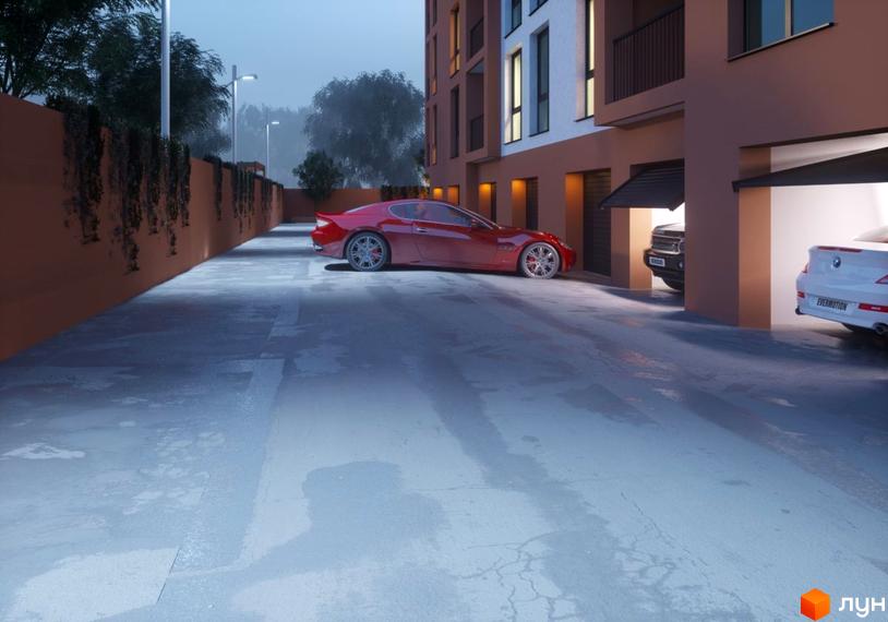 Житловий комплекс Hill House з червоним автомобілем біля входу в гараж. Зовнішній вигляд будівлі та прибудинкова територія.