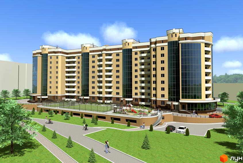 Житловий комплекс Europa Haus. Багатоповерховий будинок з жовтою цегляною обробкою, великими вікнами та балконами. Прибудинкова територія з зеленим газоном, деревами та дитячим майданчиком.