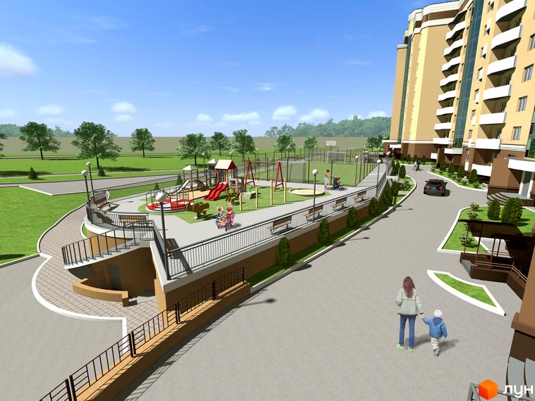 Житловий комплекс Europa Haus. Зовнішній вигляд багатоповерхового будинку з балконами та прибудинковою територією, дитячим майданчиком та місцями для відпочинку.