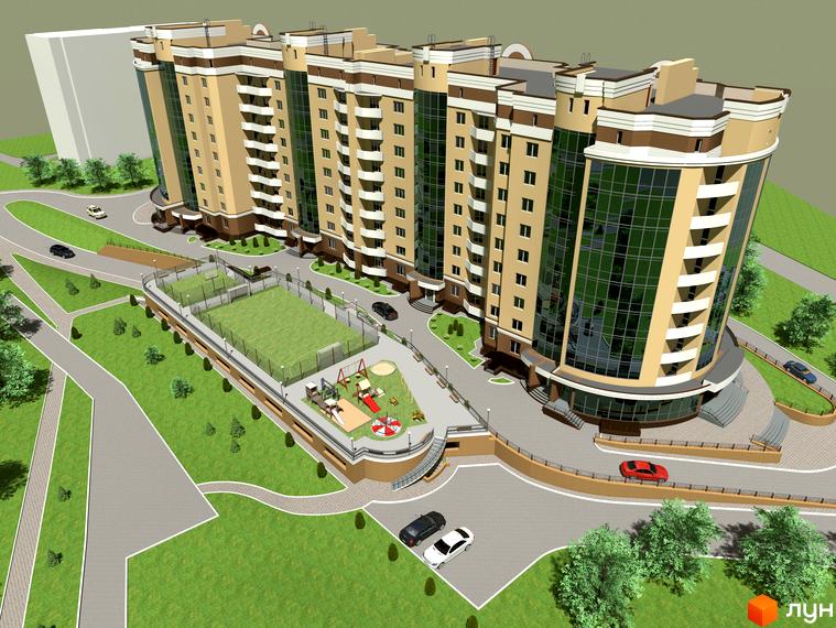 Житловий комплекс Europa Haus має багатоповерхові секції з бежевим фасадом та скляними вікнами. Прибудинкова територія включає зелені зони, дитячий майданчик та спортивні корти.