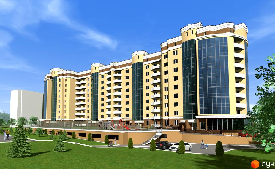 Житловий комплекс Europa Haus – це багатоповерхова будівля з жовтим фасадом, коричневими елементами та скляними секціями. На території є зелена зона та дитячий майданчик.