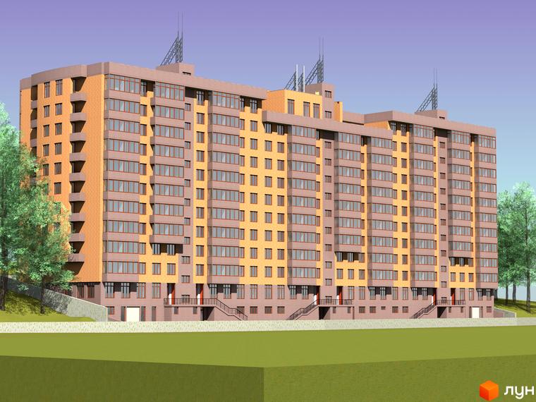 Зовнішній вигляд житлового комплексу на вул. Нововокзальна, 69-75. Багатоповерхова будівля з цегляним фасадом та великою кількістю вікон. Навколо будинку зелена територія з деревами.